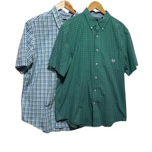 Chaps Mens Lot 2 XL Button Down Shirt Short Sleeve Green Blue Plaid Easy Care